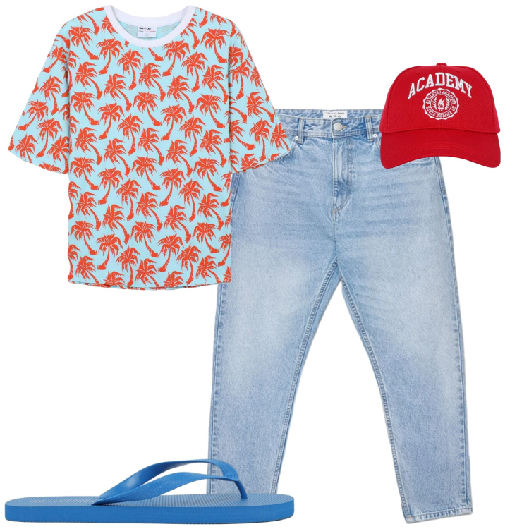 Outfit uomo - Weekend. Stile Casual per Tutti i giorni. Abbinamento con cappelli, t-shirt, jeans, sandali.