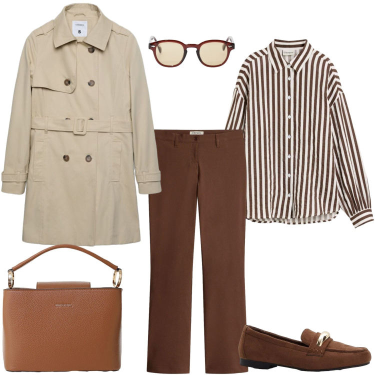 Outfit donna - Un outfit da ufficio. Stile Casual chic per Ufficio. Abbinamento con pantaloni, mocassini, camicie, trench, occhiali da sole, borse a secchiello.