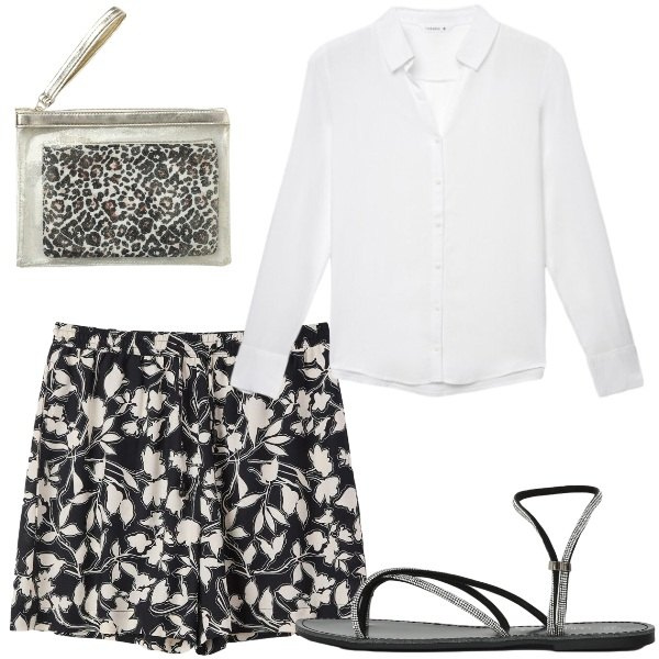 Outfit donna - Look da giornata all\'aperto. Stile Sporty chic per Mare. Abbinamento con sandali, camicie, pochette, shorts.