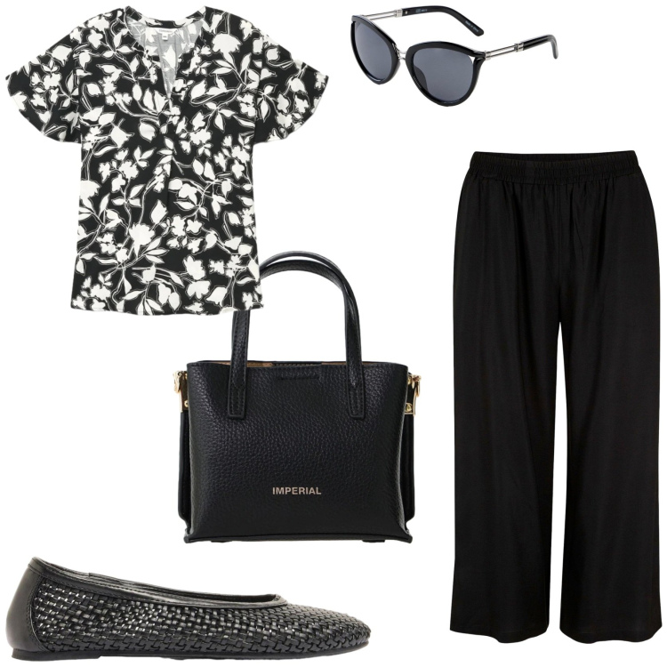 Outfit donna - Stampe in libertà. Stile Casual chic per Tutti i giorni. Abbinamento con pantaloni capri, ballerine, occhiali da sole, bluse, borse a tracolla.