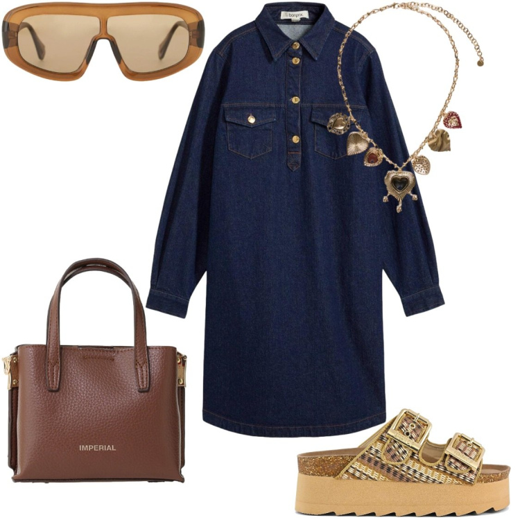 Outfit donna - Occhiali in primo piano. Stile Urban per Tutti i giorni. Abbinamento con vestiti midi/longuette, occhiali da sole, borse a tracolla, collane, sandali.