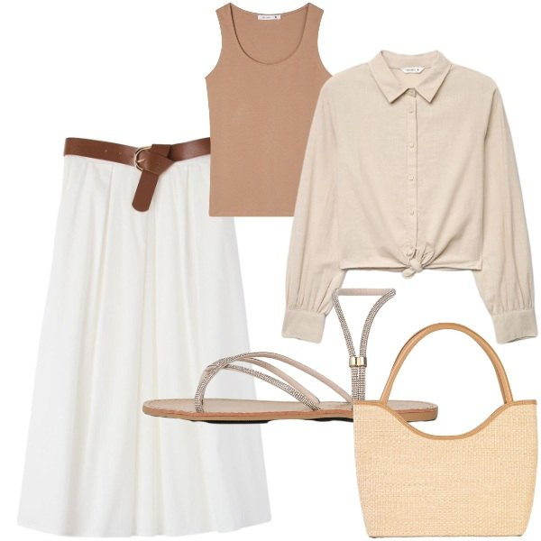 Outfit donna - Look da giornata all\'aperto. Stile Casual chic per Mare. Abbinamento con shopping bag, top, camicie, sandali, gonne longuette.