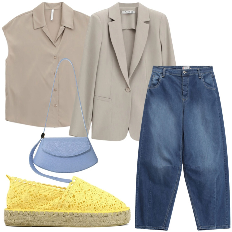 Outfit donna - Jeans e mini bag. Stile Casual per Ufficio. Abbinamento con camicie a manica corta, borse a spalla, jeans, blazer, espadrillas.