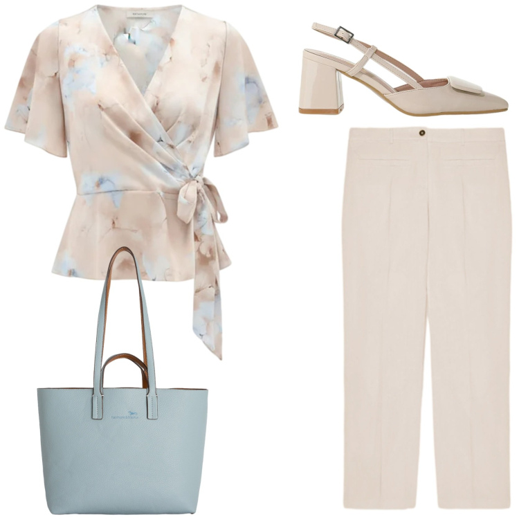 Outfit donna - La blusa romantica. Stile Chic per Tutti i giorni. Abbinamento con bluse, décolleté, shopping bag, pantaloni.