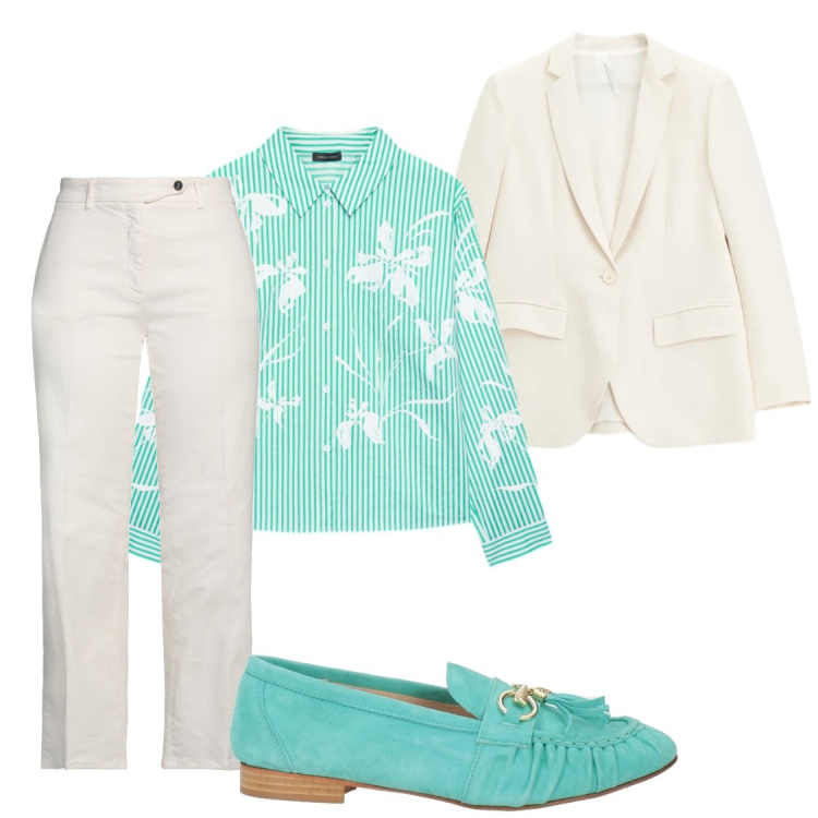 Outfit donna - Verde acqua. Stile Bon Ton per Ufficio. Abbinamento con jeans dritti, mocassini, blazer, camicie.