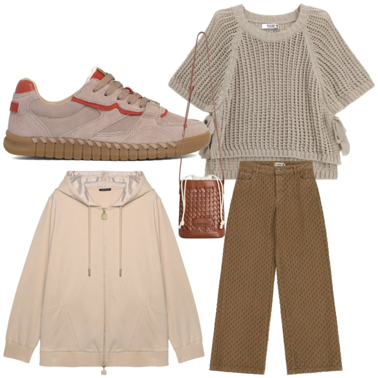 Outfit donna - Casual chic. Abbinamento con borse a secchiello, top, pantaloni, felpe con cappuccio, sneakers.