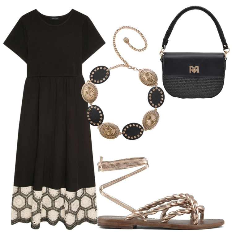 Outfit donna - Serate. Stile Chic per Serata fuori. Abbinamento con cinture, borse a spalla, vestiti lunghi, sandali in pelle.