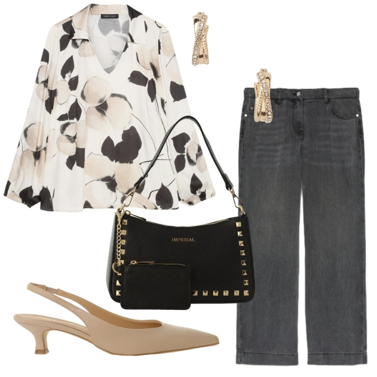Outfit donna - Blusa + jeans - il nuovo everyday look. Stile Bon Ton per Ufficio. Abbinamento con borse a spalla, décolleté, jeans, bluse, orecchini.