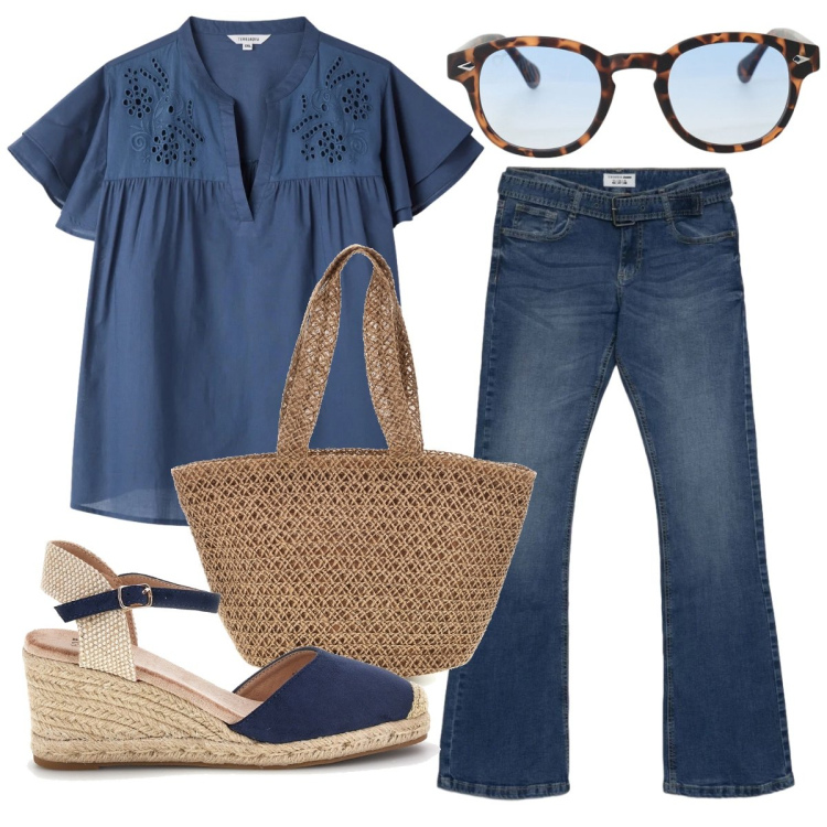 Outfit donna - Blusa + jeans - il nuovo everyday look. Stile Boho per Tutti i giorni. Abbinamento con jeans a zampa, bluse, occhiali da sole, borse a spalla, zeppe.