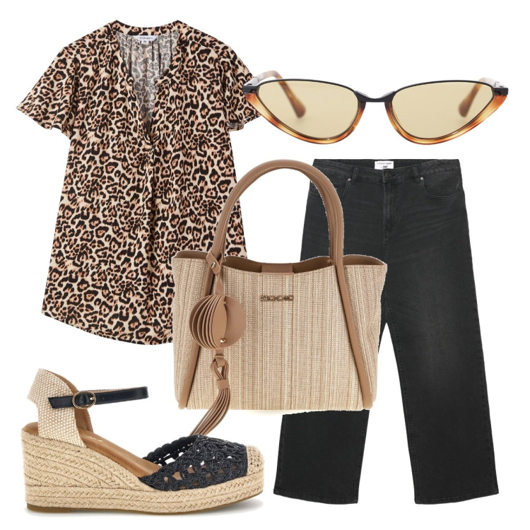 Outfit donna - Blusa + jeans - il Nuovo everyday look. Stile Boho per Tutti i giorni. Abbinamento con bluse, jeans, occhiali da sole, zeppe, borse a tracolla.