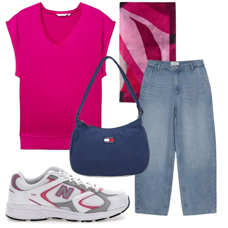 Outfit donna - Blusa + jeans - il nuovo everyday look. Stile Trendy per Scuola/Università. Abbinamento con bluse, jeans dritti, foulard, sneakers, borse a spalla.