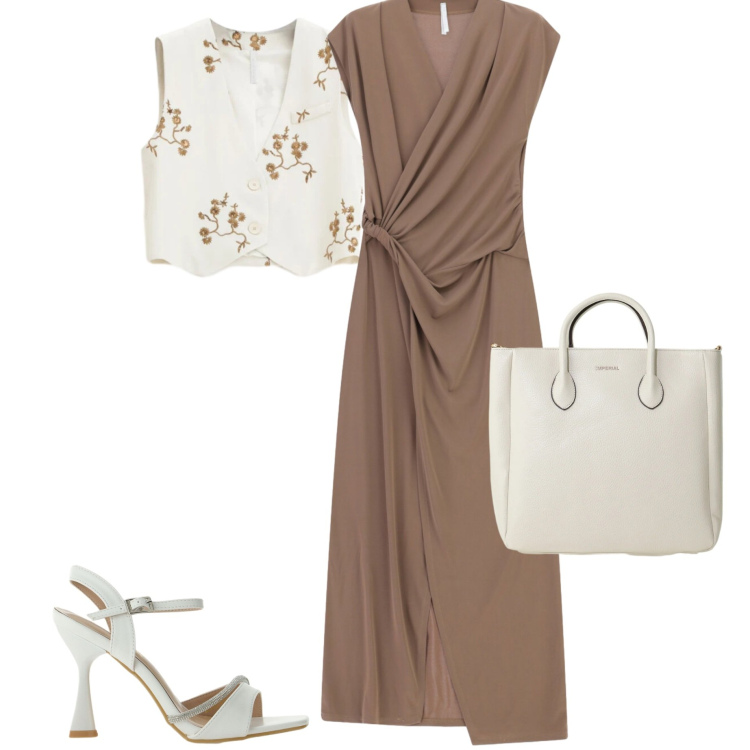 Outfit donna - Imperial. Stile Casual chic per Ufficio. Abbinamento con vestiti lunghi, gilet, sandali gioiello, borse a tracolla.