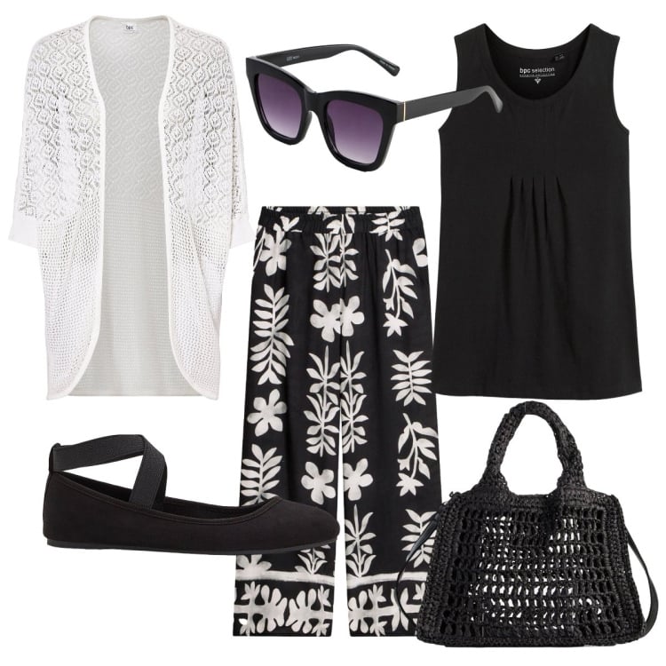 Outfit donna - I pantaloni coi motivi floreali. Stile Bon Ton per Tutti i giorni. Abbinamento con pantaloni, canottiere, cardigans, ballerine, occhiali da sole, borse a tracolla.