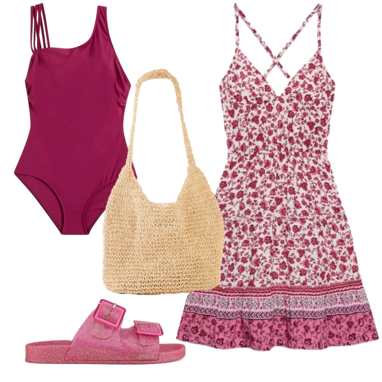 Outfit donna - Total look #2405499. Stile Basic per Mare. Abbinamento con costumi interi, shopping bag, vestiti corti, sandali.