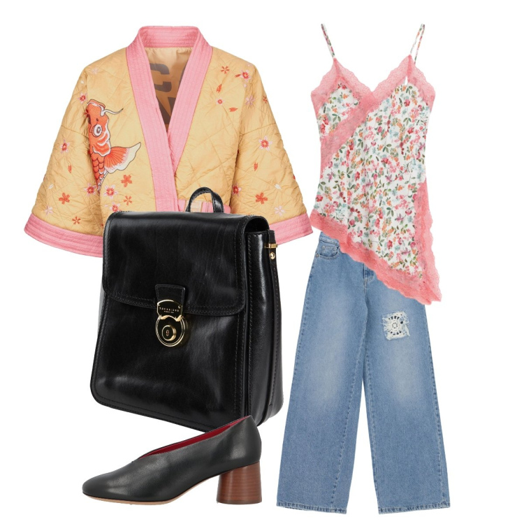 Outfit donna - Elegante con lo zaino tutto il giorno. Stile Glamour per Tutti i giorni. Abbinamento con zaini, décolleté, canottiere, jeans, kimono.