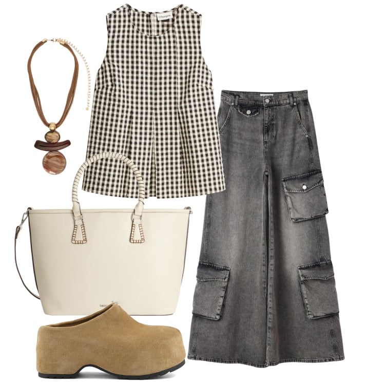 Outfit donna - Maggio. Stile Trendy per Tutti i giorni. Abbinamento con canottiere, jeans, shopping bag, ciondoli, zoccoli.