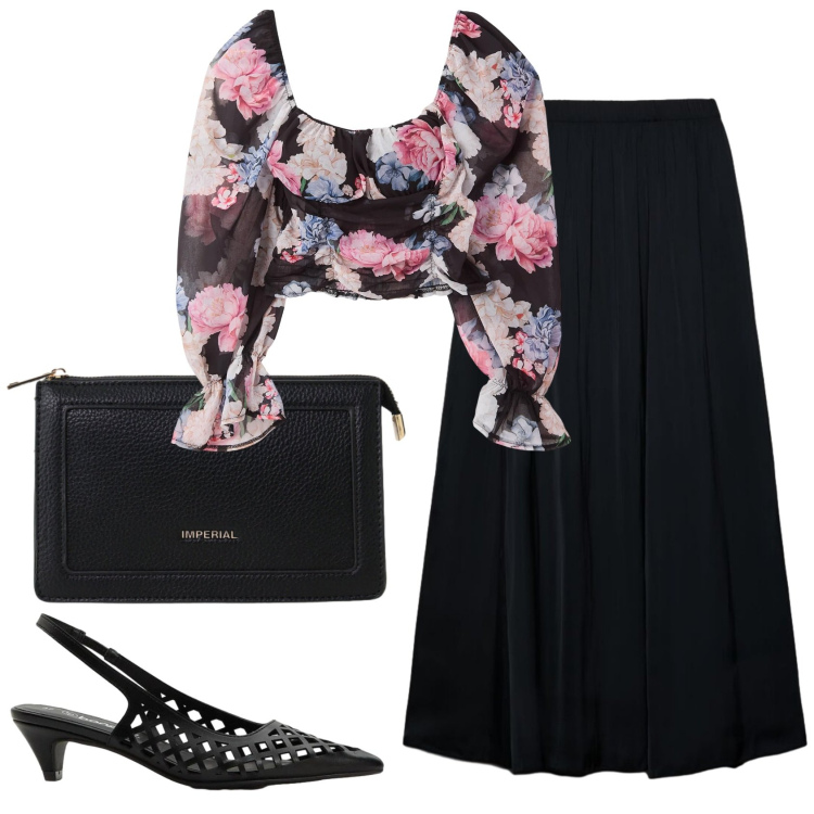 Outfit donna - Total look #2405511. Stile Romantica per Serata fuori. Abbinamento con décolleté, bluse, gonne longuette, borse a tracolla.