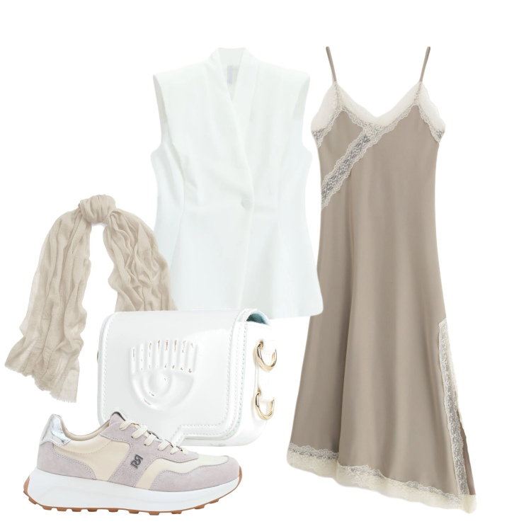 Outfit donna - Maggio. Stile Trendy per Tutti i giorni. Abbinamento con marsupi, sciarpe, sneakers, vestiti lunghi, gilet.