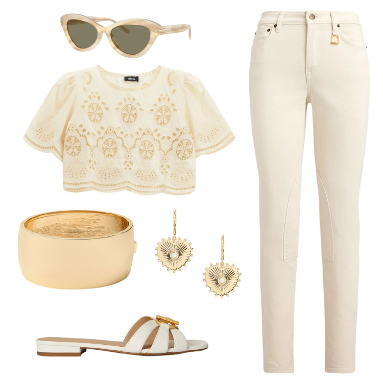 Outfit donna - Eggshell and gold. Stile Chic per Tutti i giorni. Abbinamento con bluse, ciabatte, occhiali da sole, jeans skinny, orecchini, braccialetti.