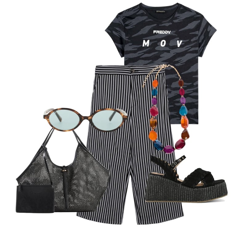 Outfit donna - Total look #2405523. Stile Sporty chic per Tutti i giorni. Abbinamento con shopping bag, pantaloni a palazzo, occhiali da sole, t-shirt, collane, zeppe.
