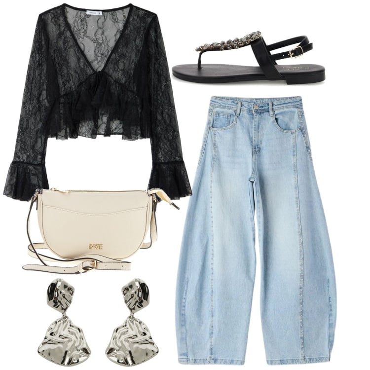 Outfit donna - Blusa + jeans - Il nuovo everyday look. Stile Casual chic per Tutti i giorni. Abbinamento con jeans, bluse, orecchini, borse a tracolla, sandali gioiello.
