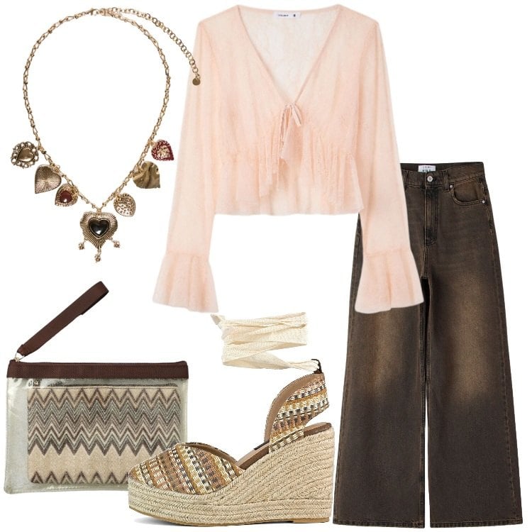 Outfit donna - Jeans cioccolato e blusa pesca. Stile Boho per Tutti i giorni. Abbinamento con bluse, jeans, pochette, collane, zeppe.