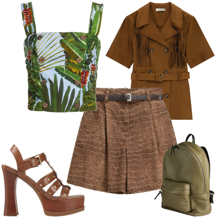 Outfit donna - Urban safari. Stile Trendy per Tutti i giorni. Abbinamento con sandali in pelle, zaini, top, giacche, bermuda.