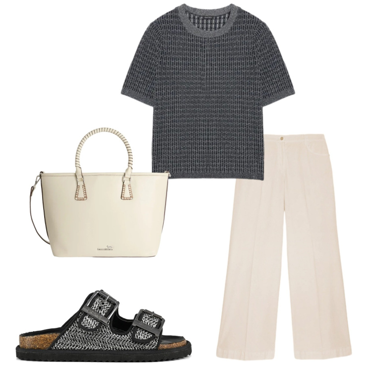 Outfit donna - Rialzo delle temperature. Stile Casual chic per Ufficio. Abbinamento con shopping bag, maglieria, pantaloni a palazzo, sandali.