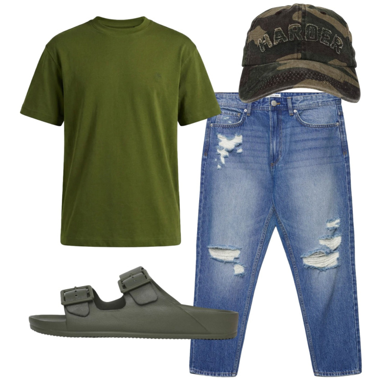 Outfit uomo - Total look #2405533. Stile Casual per Tutti i giorni. Abbinamento con jeans strappati, cappelli con visiera, sandali, t-shirt.
