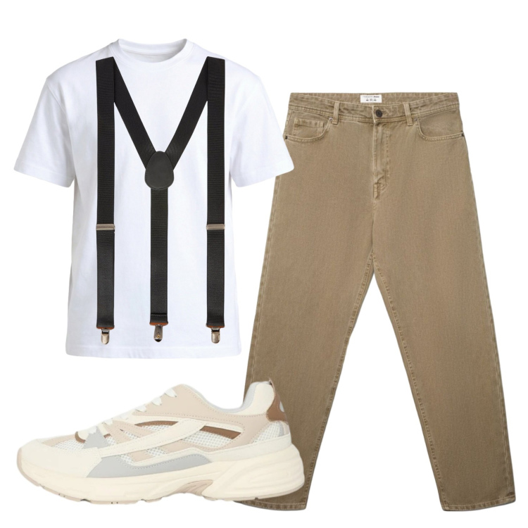 Outfit uomo - Total look #2405536. Stile Casual per Tutti i giorni. Abbinamento con sneakers, jeans, t-shirt, bretelle.