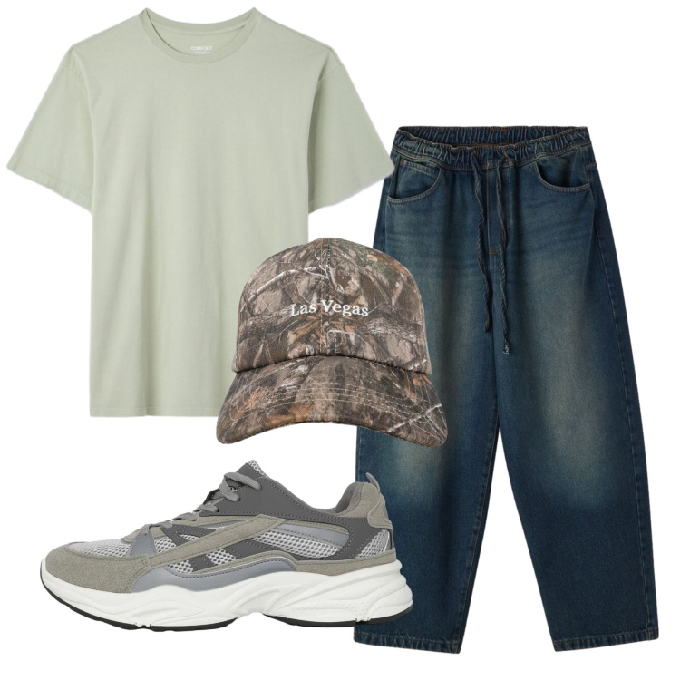 Outfit uomo - Total look #2405537. Stile Casual per Tutti i giorni. Abbinamento con sneakers, cappelli con visiera, jeans, t-shirt.