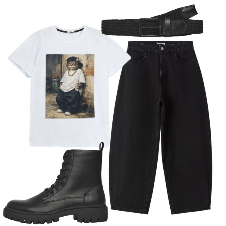Outfit uomo - Total look #2405538. Stile Biker Rock per Tutti i giorni. Abbinamento con cinture, jeans, anfibi, t-shirt.