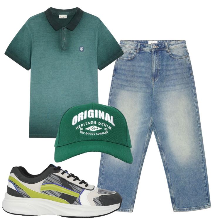 Outfit uomo - Total look #2405539. Stile Casual per Tutti i giorni. Abbinamento con polo, sneakers, cappelli con visiera, jeans dritti.
