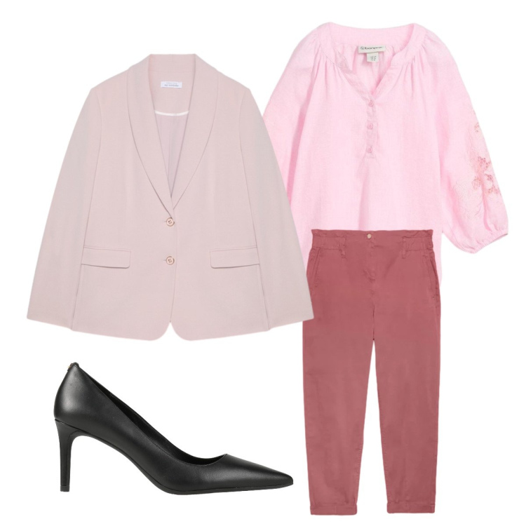 Outfit donna - Sfumature pastello per primavera. Stile Casual chic per Tutti i giorni. Abbinamento con décolleté, tuniche, blazer, pantaloni.