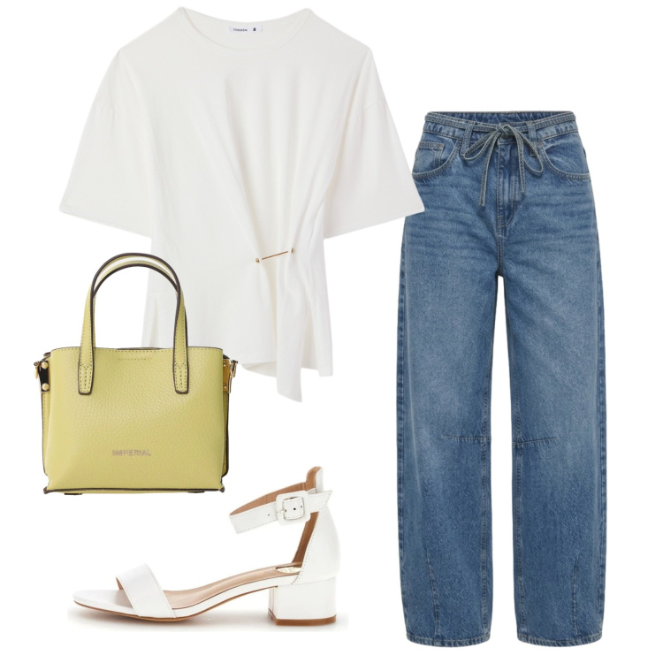 Outfit donna - Blusa + jeans - Il nuovo everyday look. Stile Casual chic per Tutti i giorni. Abbinamento con jeans, t-shirt, borse a tracolla, sandali col tacco.