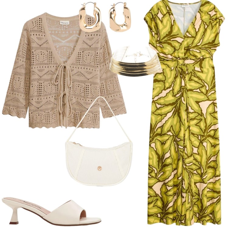 Outfit donna - L\'abito lungo in jersey. Stile Glamour per Cerimonia. Abbinamento con cardigans, ciabatte, orecchini, vestiti lunghi, braccialetti, borse a mano.