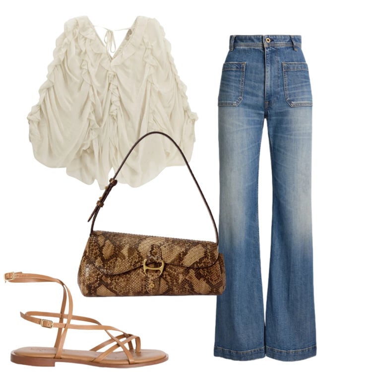 Outfit donna - Blusa + jeans - Il nuovo everyday look. Stile Casual chic per Tutti i giorni. Abbinamento con sandali in pelle, bluse, borse a tracolla, jeans bootcut.