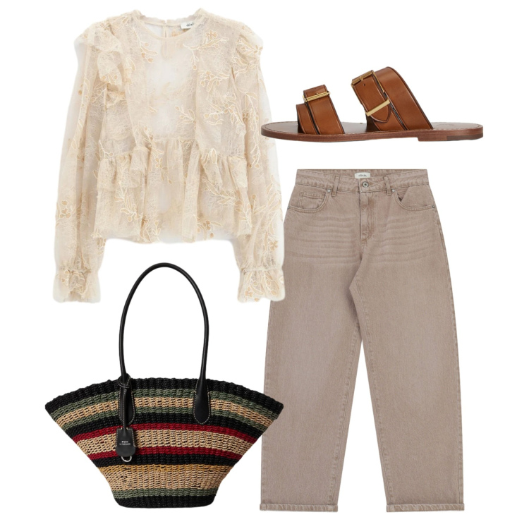 Outfit donna - Blusa + jeans - Il nuovo everyday look. Stile Romantica per Tutti i giorni. Abbinamento con bluse, jeans, borse tote, sandali in pelle.