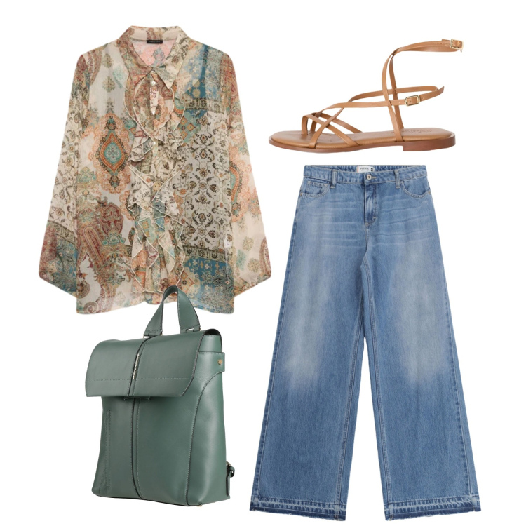 Outfit donna - Total look #2405552. Stile Bon Ton per Tutti i giorni. Abbinamento con zaini, sandali in pelle, jeans, camicie.