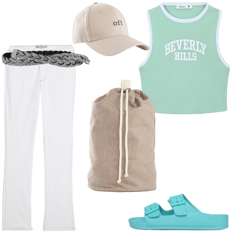 Outfit donna - Un look casual. Stile Casual per Tutti i giorni. Abbinamento con cappelli con visiera, jeans dritti, zaini, cinture, canottiere, ciabatte.