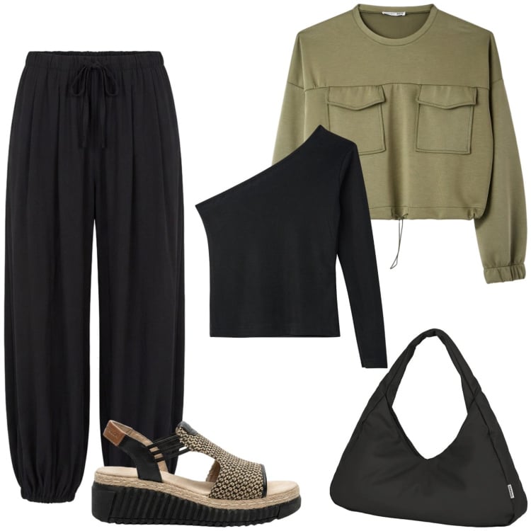 Outfit donna - Verde e nero. Stile Urban per Tutti i giorni. Abbinamento con sandali, pantaloni, felpe, t-shirt, borse a spalla.