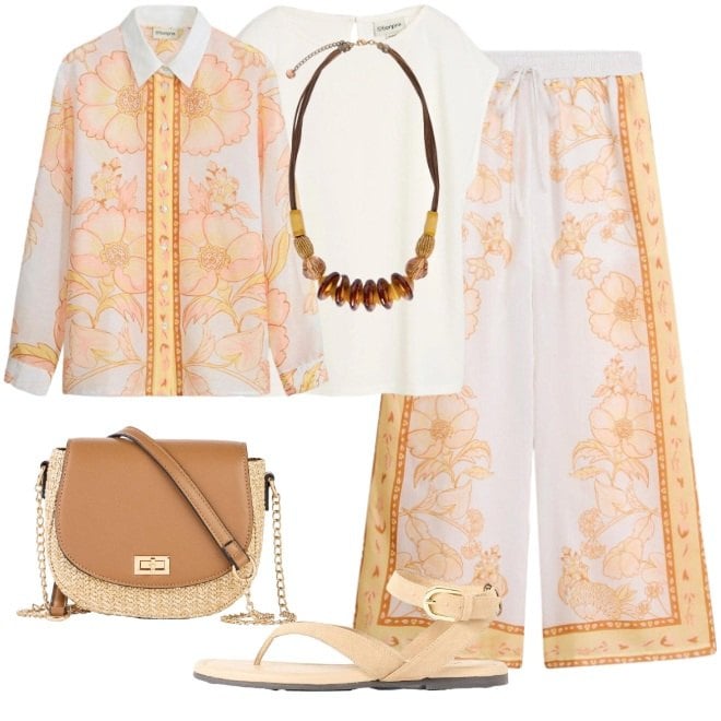 Outfit donna - Completo a fiori. Stile Etnico per Tutti i giorni. Abbinamento con pantaloni a palazzo, camicia, canottiere, sandali, borse a tracolla, collane.