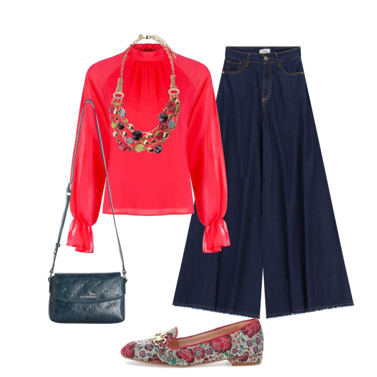 Outfit donna - Versatile e creativa. Stile Boho per Tutti i giorni. Abbinamento con bluse, borse a tracolla, collane, jeans, mocassini.