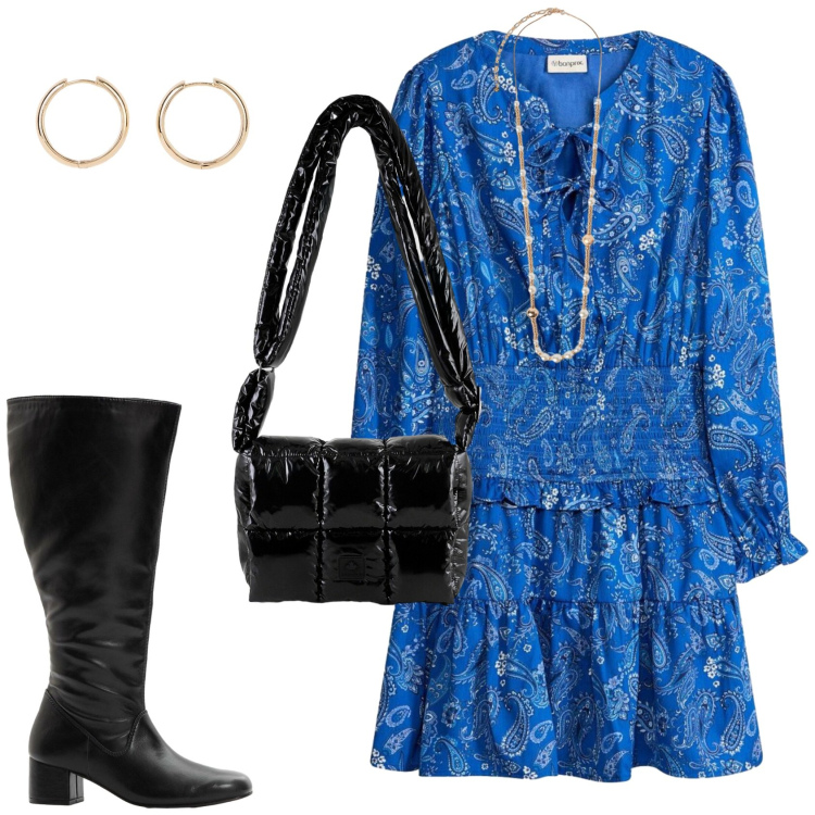 Outfit donna - Il mini abito elegante. Stile Glamour per Serata fuori. Abbinamento con stivali, orecchini, vestiti corti, collane, borse a spalla.