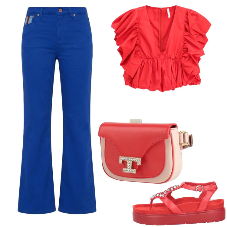 Outfit donna - Gli opposti che si attraggono. Stile Casual per Tutti i giorni. Abbinamento con ciabatte, marsupi, top, pantaloni.