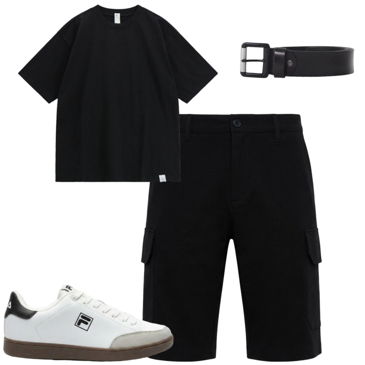 Outfit uomo - Total black. Stile Casual per Tutti i giorni. Abbinamento con sneakers, pantaloni corti, cinture, t-shirt.