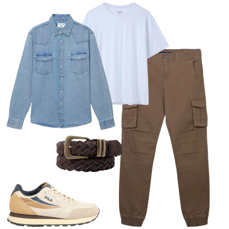 Outfit uomo - Maggio. Stile Casual per Tutti i giorni. Abbinamento con sneakers, pantaloni cargo, camicie, t-shirt, cinture.