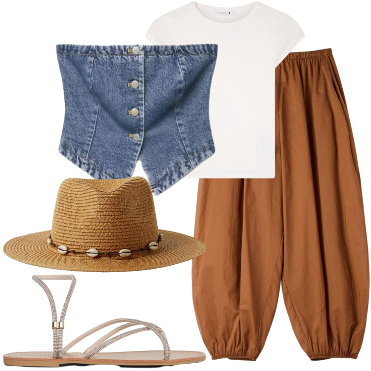 Outfit donna - Top e cappello. Stile Boho per Tutti i giorni. Abbinamento con cappelli, t-shirt, sandali, top, pantaloni.