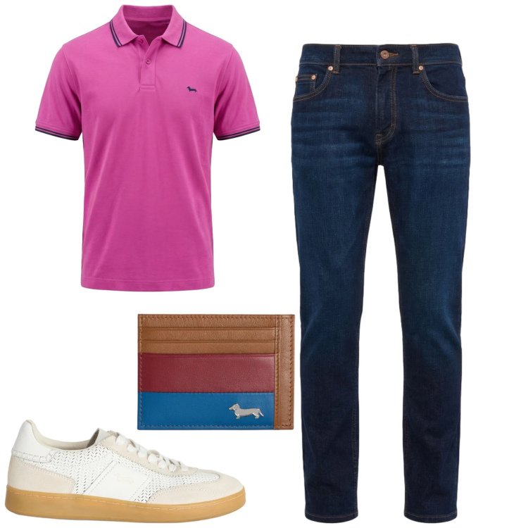 Outfit uomo - City. Stile Casual per Tutti i giorni. Abbinamento con sneakers, portafogli, jeans, polo.