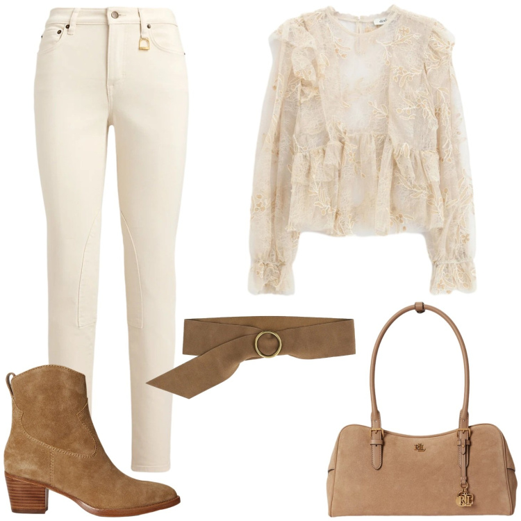 Outfit donna - Romantica. Stile Romantica per Tutti i giorni. Abbinamento con bluse, cinture, jeans skinny, borse a mano, stivaletti.